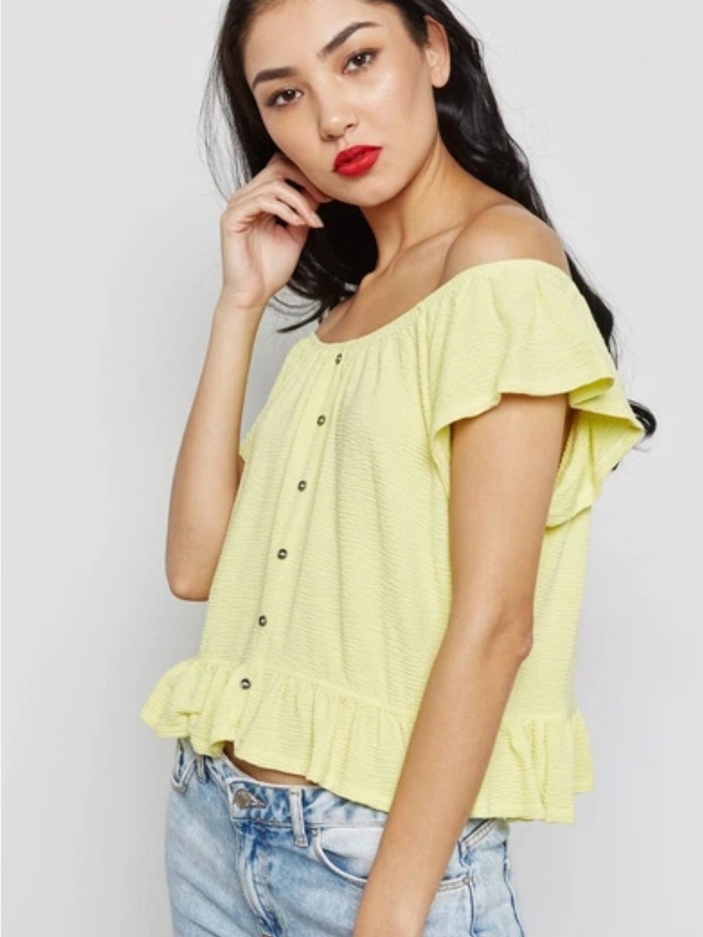 Mango Off-Shoulder Ruffle Button-Front Top in Light Bright Yellow Medium NWT